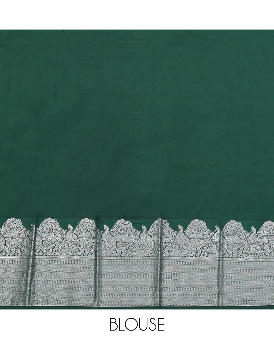 Green Budget Silk Saree, Prettified with Zari Buttas on Its Body, Complemented by a Contrast Traditional Zari Border, Grand Ogee Patterned Pallu, and Paired with a Contrast Blouse