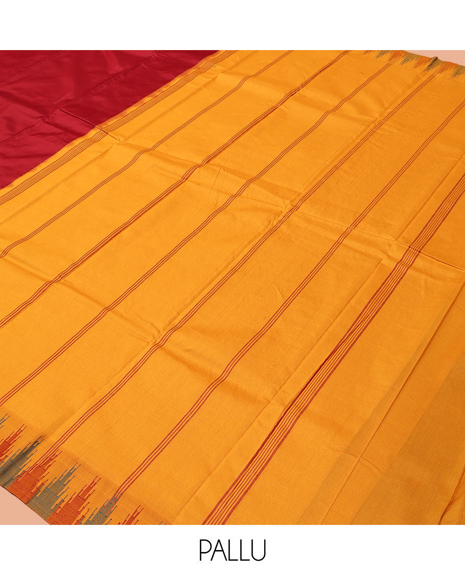 Red Plain Bangalore Silk Saree, Complemented by a Contrast Temple Border, Pallu of Stripes, and a Contrast Blouse