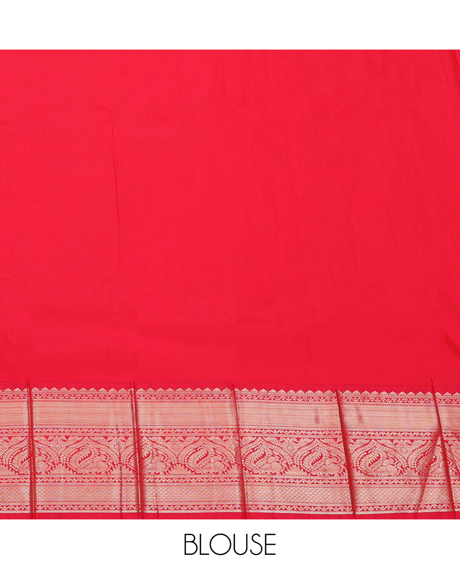 Green Budget Silk Saree, Embellished with Zari Buttas, Complemented by a Contrast Traditional Zari Border, Jaal Pallu, and a Contrast Blouse