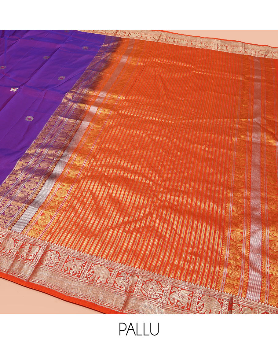 Purple Vasundhara Silk Saree, Embellished with Meena Buttas and Singam Buttas All Over Its Body, Complemented by Contrast Border of Rekku, Banaras, Yaanai, Mayil, and Vanki Designs, Pallu of Muthu Designs, and Paired with a Contrast Blouse