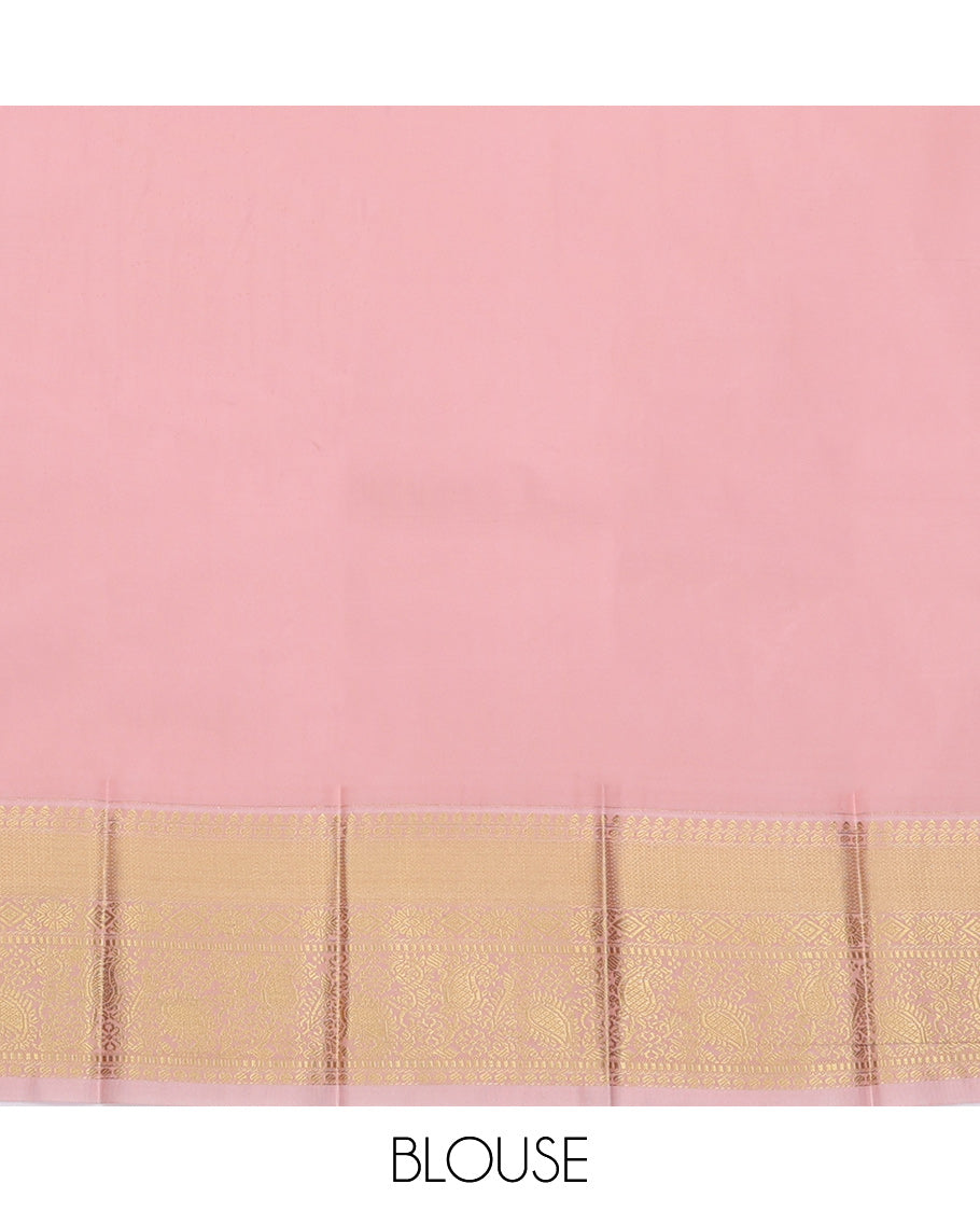 Pink Budget Silk Saree, Majestically Detailed with Zari Buttas and Stripes, Complemented by Contrast Traditional Zari Border, Grand Pallu, and a Contrast Blouse