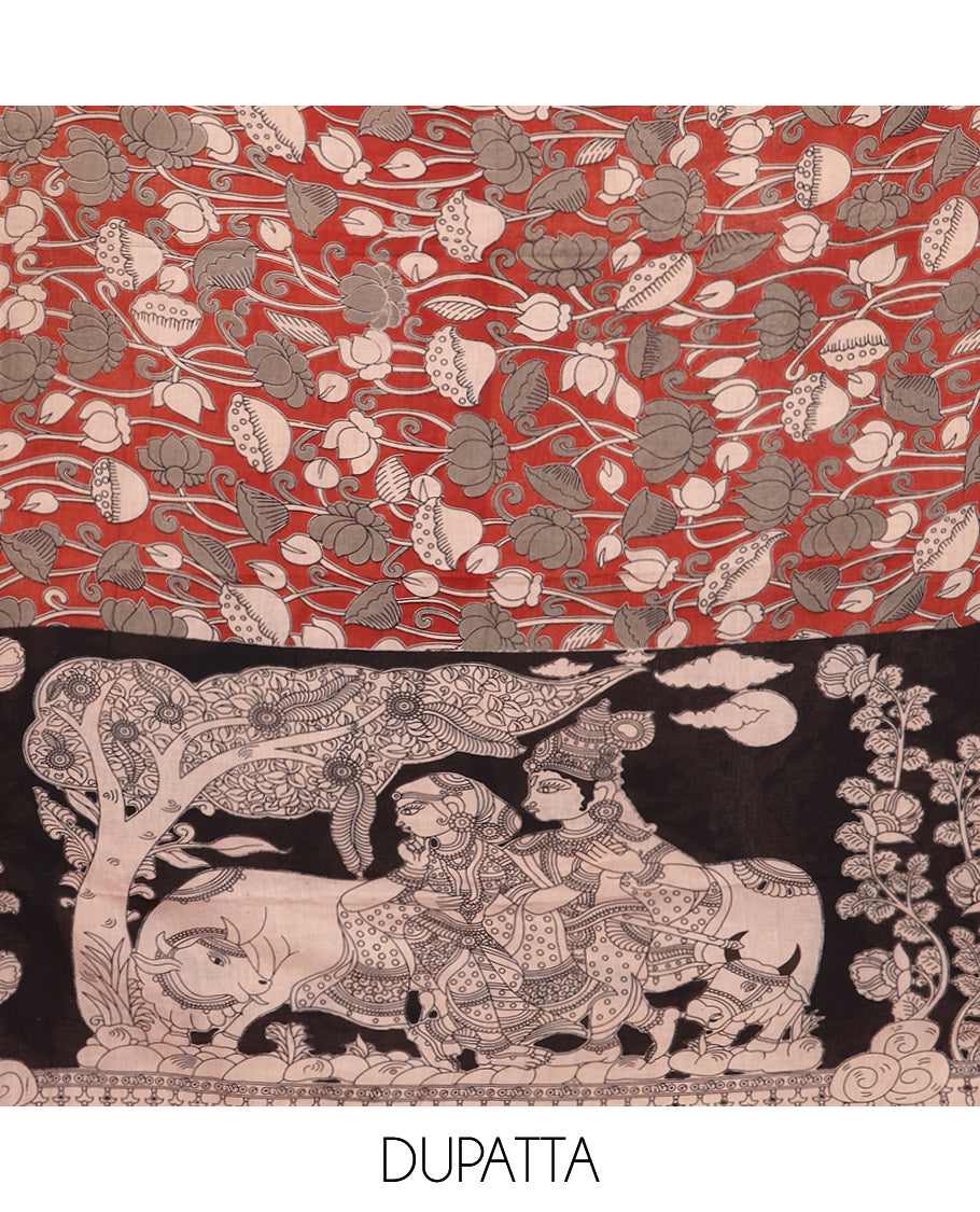 Black Cotton Material Churidar Features Kalamkari Printed Top, a Plain Bottom, and a Kalamkari Printed Dupatta