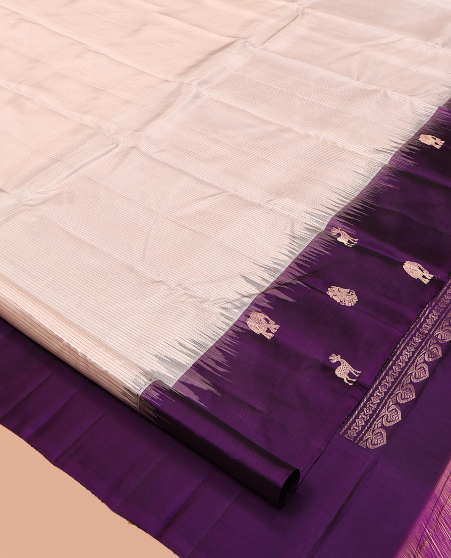 Off-White Kanchipuram Silk Saree, Sparsely Woven with Stripes, Complemented by a Contrast Border Features Yaanai, Maan, and Iruthalai Pakshi, Jaal Pallu, and a Contrast Blouse