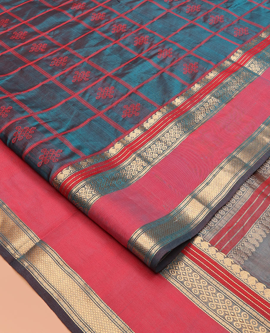 Blue Buttas Enclosed Checked Kuppadam Silk Saree, a Contrast Double-Pet Border, Grand Pallu, a Matching Blouse