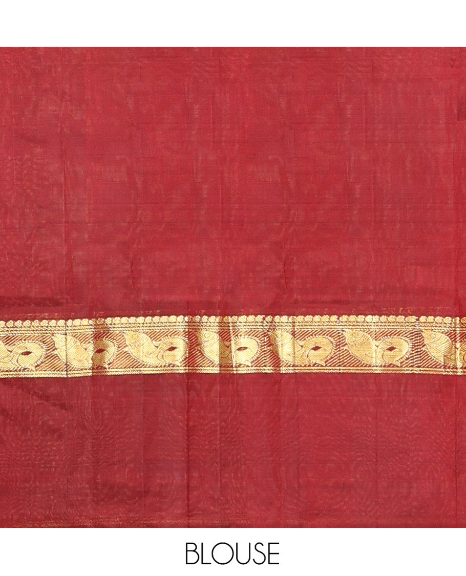 Red Plain Kanchipuram Silk Saree, Complemented by a Contrast Rettai Pettu Border of Manga, Neli, Banaras, and Meen Designs, Pallu of Zari Designs, and Paired with a Contrast Blouse