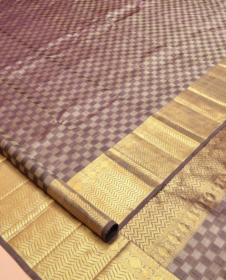 Brown Embossed Parambara Silk Saree, a Zari Border of Banaras, Diamond, Mayil, Poun, and Vanki Designs, Vanki Pallu, and Matching Blouse