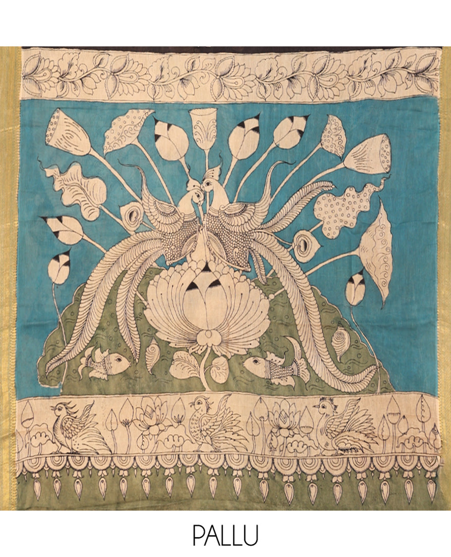 Black Kalamkari Silk Saree, Impeccably Styled with Animal and Human Figurines, a Contrast Traditional Zari Border, Pallu of Kalamkari Design, and a Contrast Blouse
