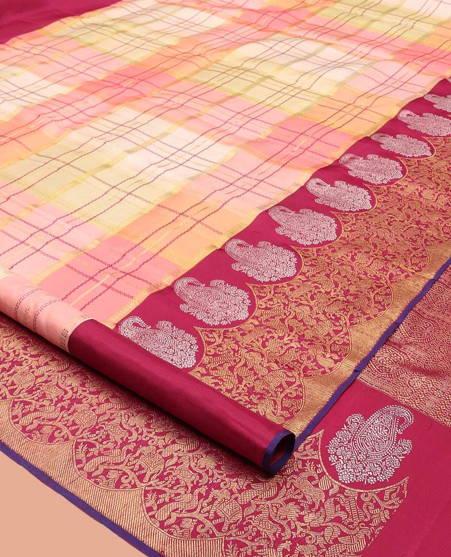 Multi-Color Kanchipuram Designer Silk Saree, Majestically Detailed with Rangkat Zari Checks, Contrast Vanasingaram Border, Jaal Pallu, and a Contrast Blouse