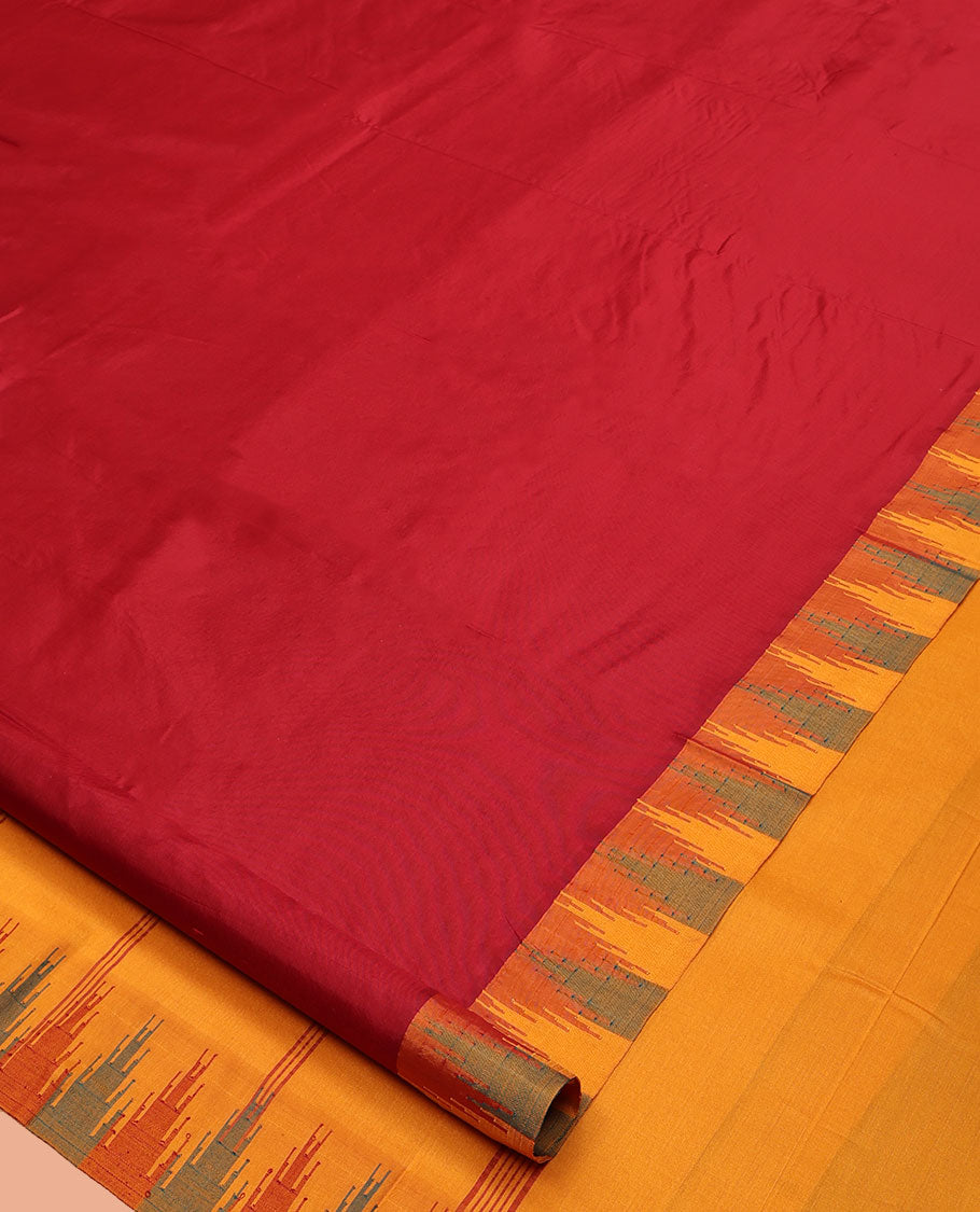 Red Plain Bangalore Silk Saree, Complemented by a Contrast Temple Border, Pallu of Stripes, and a Contrast Blouse