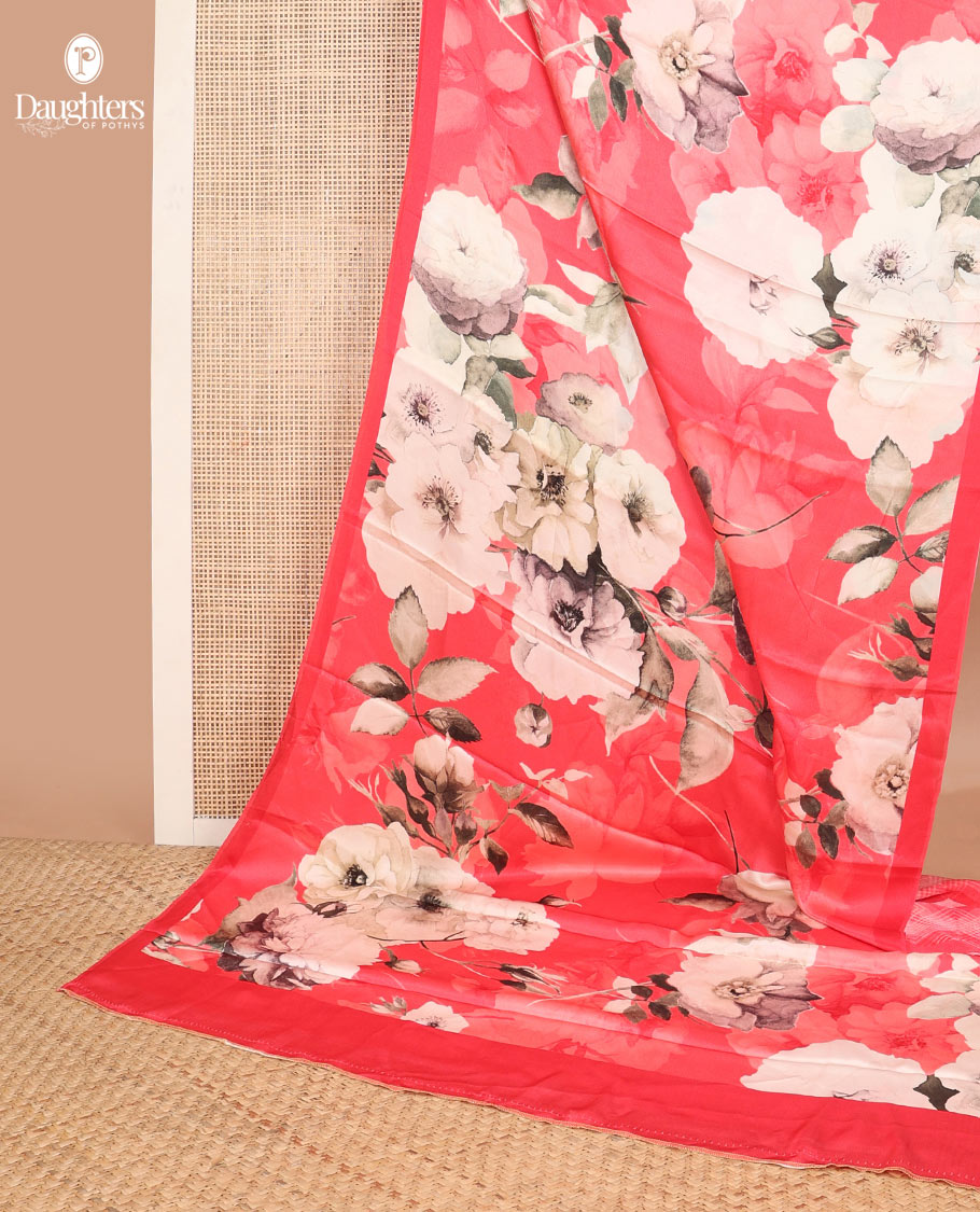 Red floral design crepe saree with self plain border
