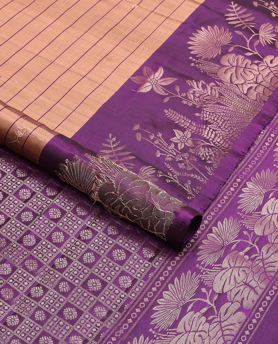 Brown striped, floral motifs mayuri soft silk saree with self floral designb order & intricate zari design pallu