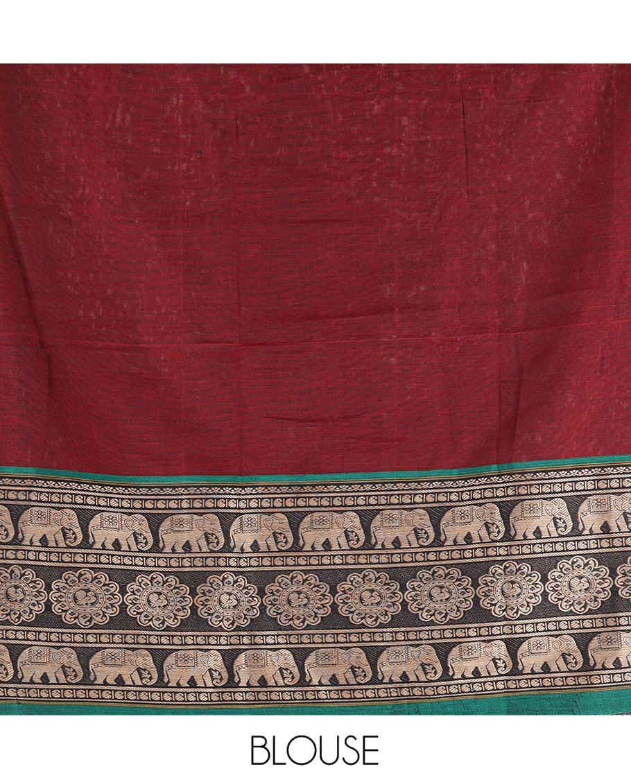Maroon Mercerised Cotton Half-Saree, Plain Skirt, an Elephant Motif Border, a Matching Blouse, Contrast Dhavani