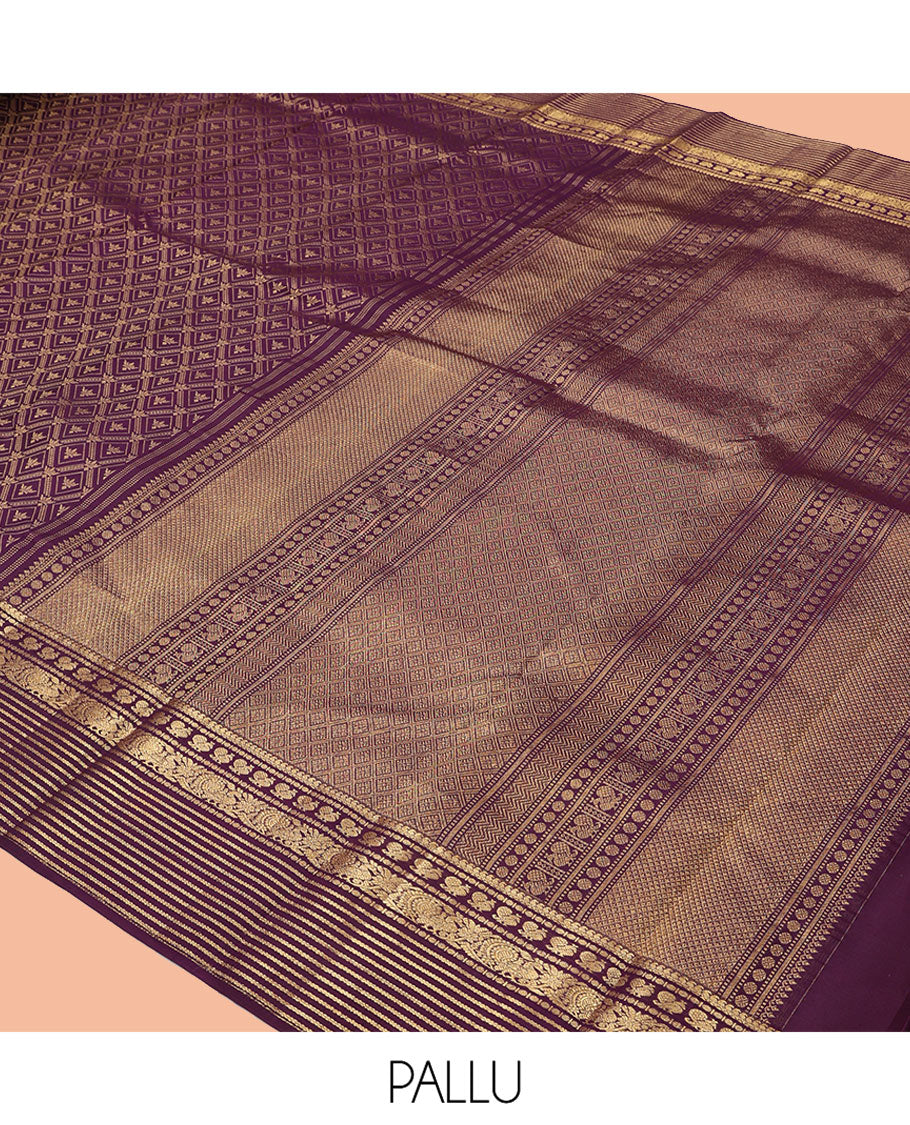 Purple Kanchipuram Wedding Silk Saree, Artfully Detailed with Jaal Jacquard Design, a Self-Border of Manga, Mayil, Poun, and Neli, Grand Pallu, and a Matching Blouse