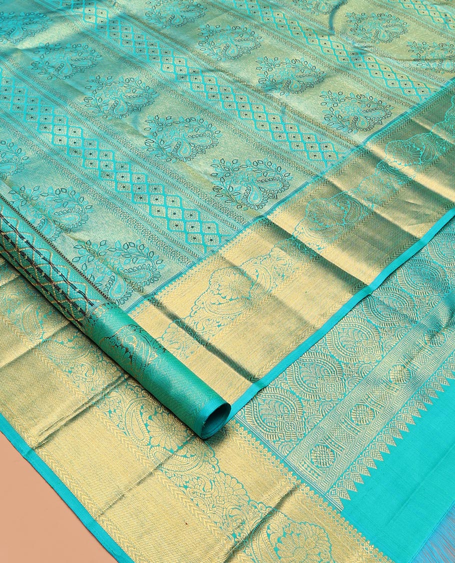 Blue Kanchipuram Wedding Silk Saree, Decked Up with Jacquard Design, Zari Border of Thilakam Mokku, and Manga Designs, Grand Jaal Pallu, and a Matching Blouse
