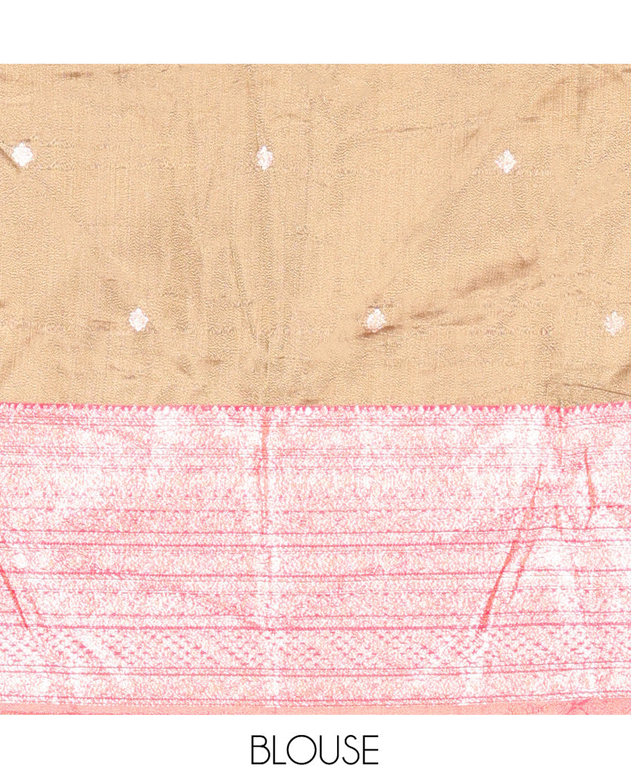 Gold-Rani Pink Banarasi Silk Half-Saree Features Buttas Skirt, Contrast Traditional Border, Matching Blouse, Contrast Embroidered Dhavani