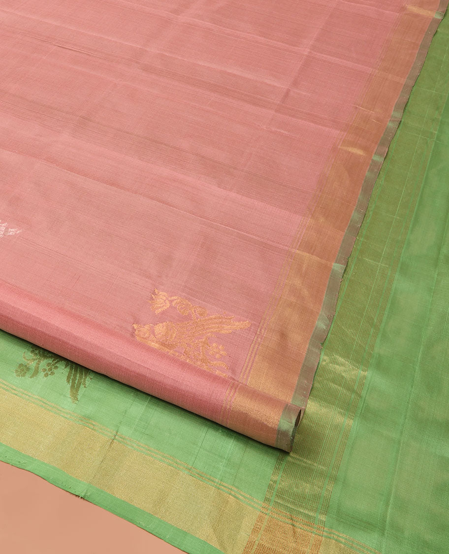 Pink Uppada Silk Saree Adorned with Parrot Zari Buttas, Complemented by Bavanji Border, Contrast Pallu Steeped with Parrot Zari Designs, and Paired with a Contrast Blouse