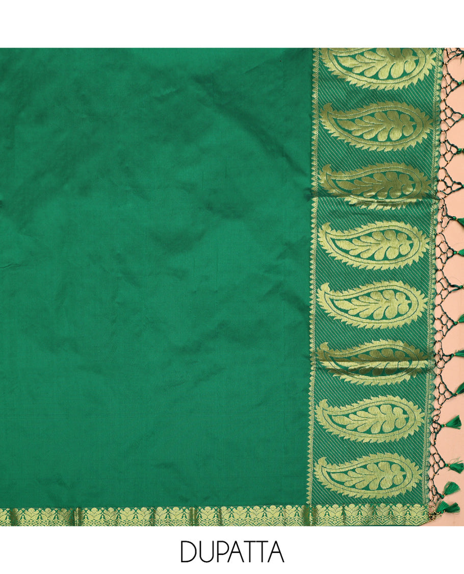 Peach Art Silk Half-Saree, Majestically Detailed with Jacquard Design, Contrast Traditional Zari Border, Paired with a Contrast Jacquard Blouse, and an Intricate Dhavani