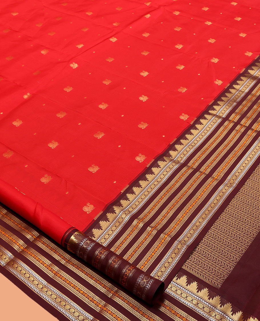 Red Vasundhara Lite Silk Mix Saree, Woven with Peacock Buttas, Contrast Border of Rekku, Kathir, Laddu Kamalam, Neli, and Poun Designs, Grand Pallu, and a Contrast Blouse