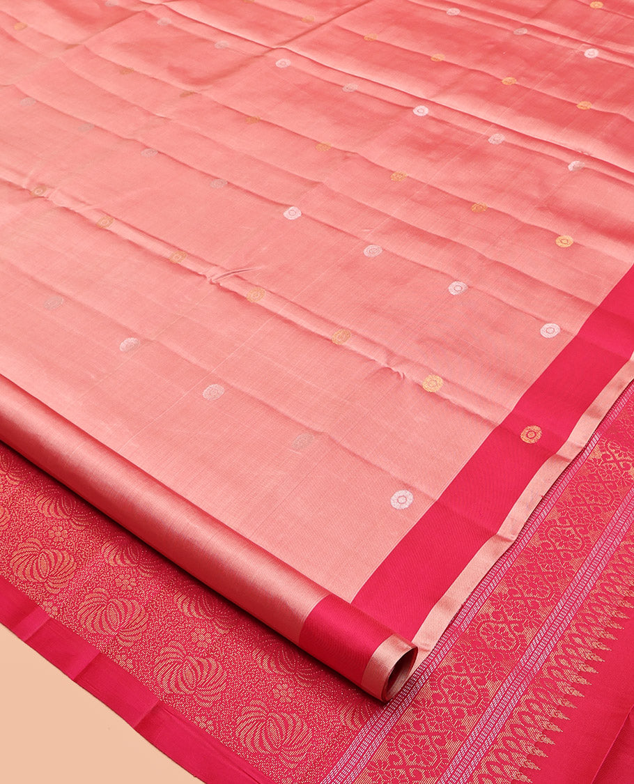 Peach Mayuri Lite Silk Mix Saree, Detailed with Zari Buttas, Complemented by Contrast Zari Buttas Border, Intricate Pallu, and a Contrast Blouse
