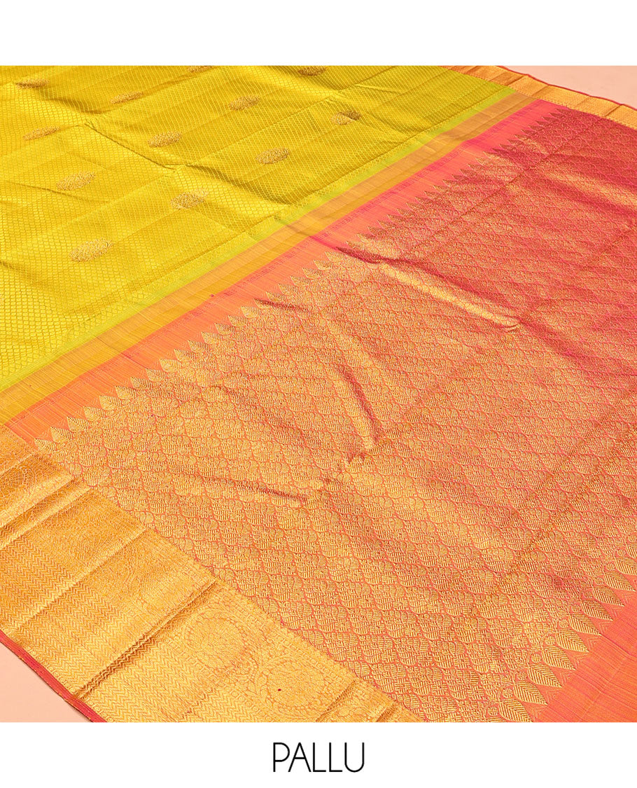 Green Embossed-Buttas Kanchipuram Silk Saree, a Contrast Dhavana Kodi Border, Grand Pallu, Contrast Blouse