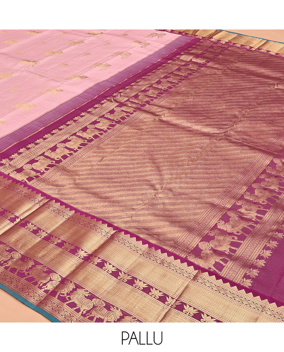 Pink Vasundhara Silk Saree, Gleamed Up with Pichwai Cow and Lotus Buttas, a Contrast Border of Rekku, Mayil Kann, Vanki, Lotus, and Cow Designs, Grand Pallu, and a Contrast Blouse
