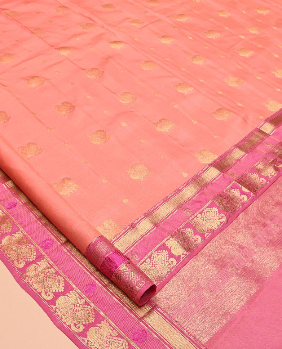 Pink Vasundhara Lite Silk Mix Saree, Embellished with Mayil Buttas, a Contrast Border of Mayil Kann and Annam Designs, Grand Pallu, and a Contrast Blouse
