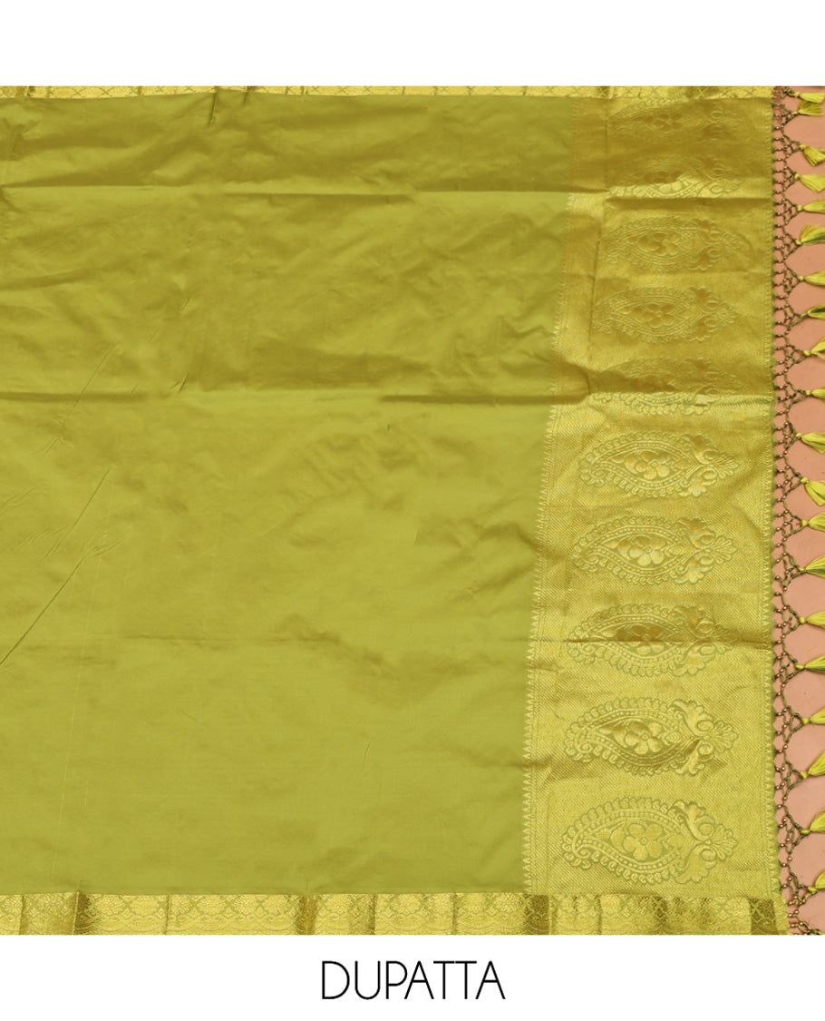 Rosewood Pink Art Silk Material Half Saree Set, Decked Up with Jacquard Design Skirt, a Contrast Traditional Design Border, Contrast Blouse, and an Intricate Dhavani