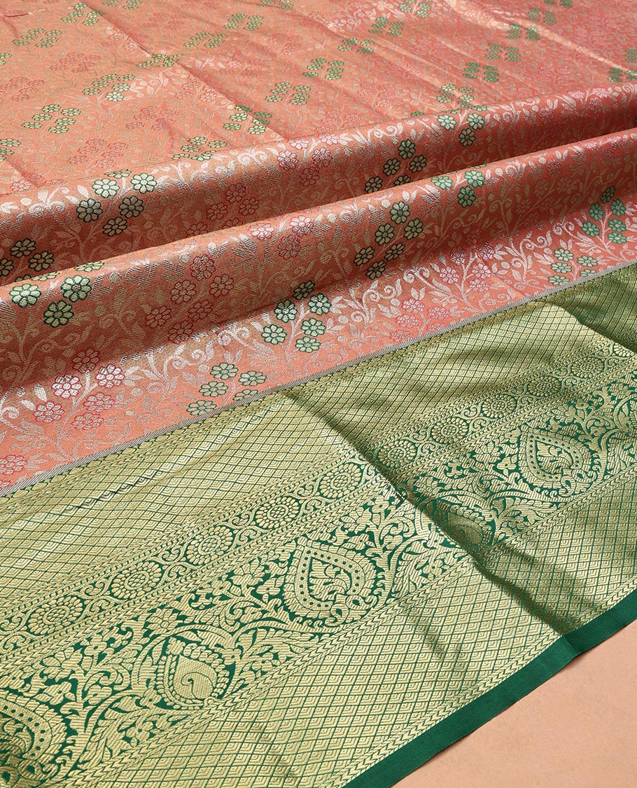 Peach Art Silk Half-Saree, Majestically Detailed with Jacquard Design, Contrast Traditional Zari Border, Paired with a Contrast Jacquard Blouse, and an Intricate Dhavani