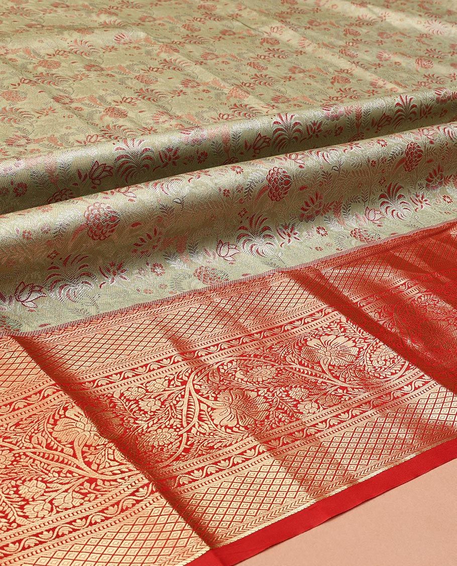 Pale Green Art Silk Half-Saree, Embellished with Jacquard Design, Contrast Traditional Zari Border, Paired with a Contrast Jacquard Blouse, and an Intricate Dhavani