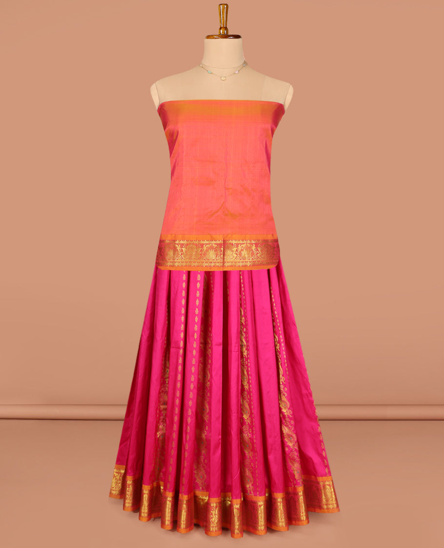 Pink Pure Silk Half-Saree, Decked Up with Zari Designs on Its Body, Complemented by a Contrast Floral Zari Design Border, Complemented by a Contrast Blouse, and Paired with a Contrast Dhavani of Floral Designs