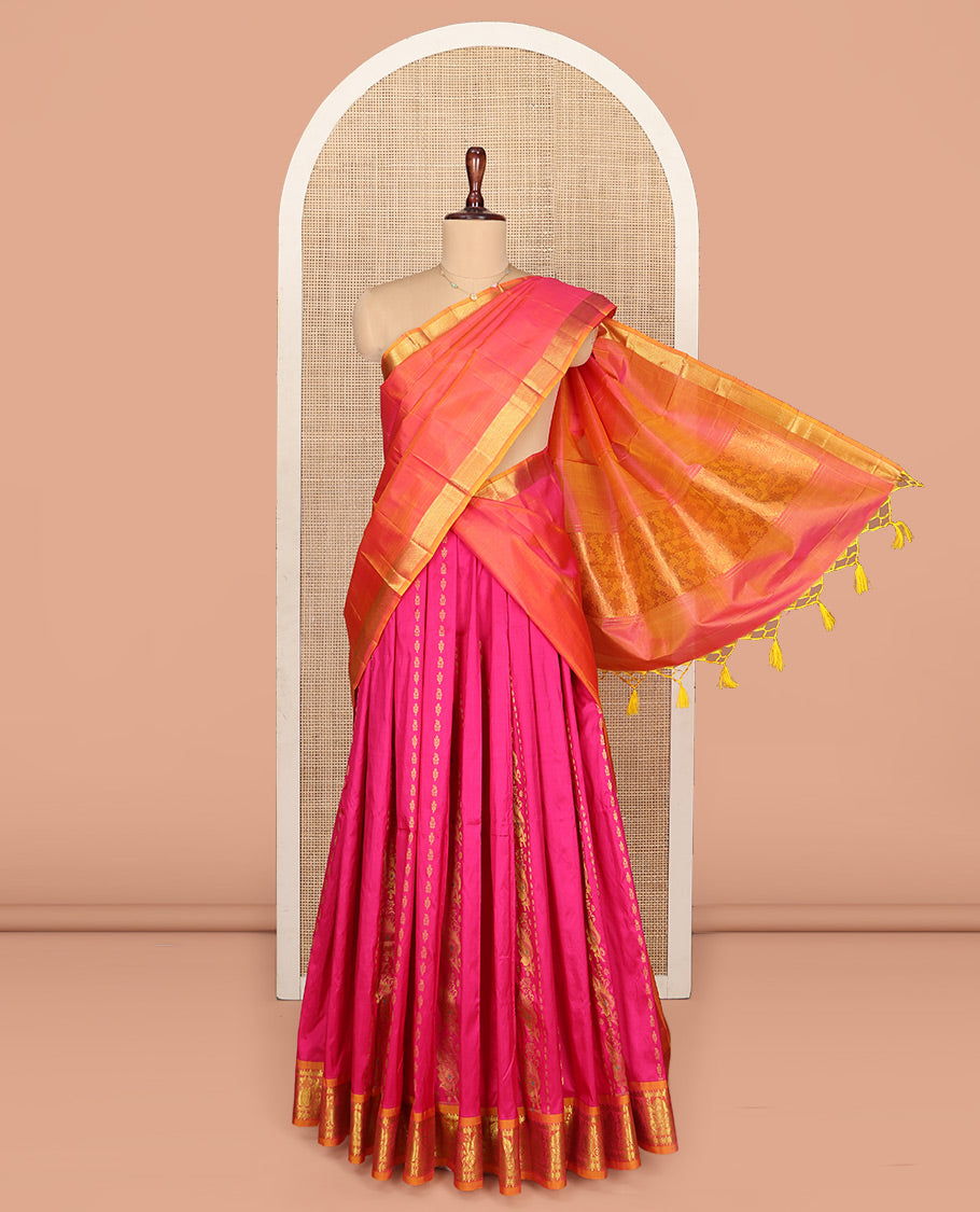 Pink Pure Silk Half-Saree, Decked Up with Zari Designs on Its Body, Complemented by a Contrast Floral Zari Design Border, Complemented by a Contrast Blouse, and Paired with a Contrast Dhavani of Floral Designs