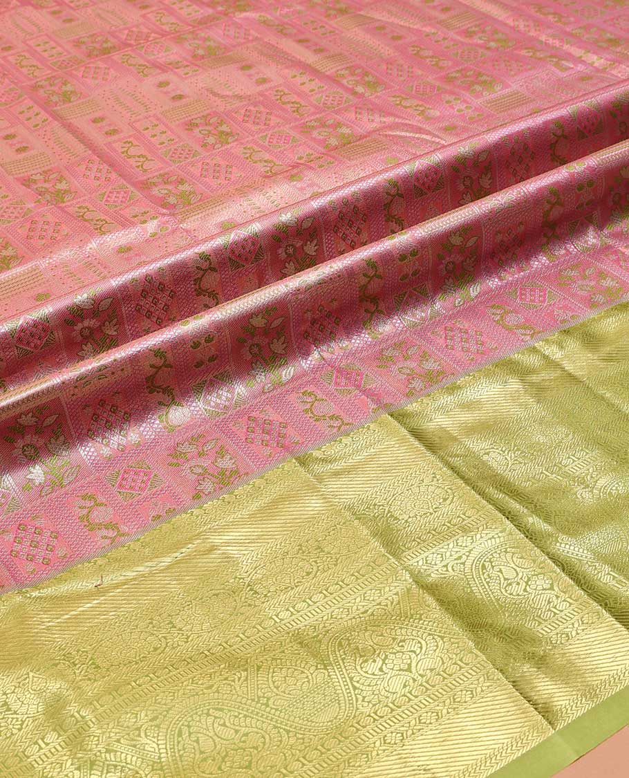 Pink Art Silk Material Half Saree Set, Elegantly Highlighted with Jacquard Design Skirt, a Contrast Traditional Zari Design Border, Contrast Zari-Jacquard Blouse, and a Dhavani of Paisley Designs