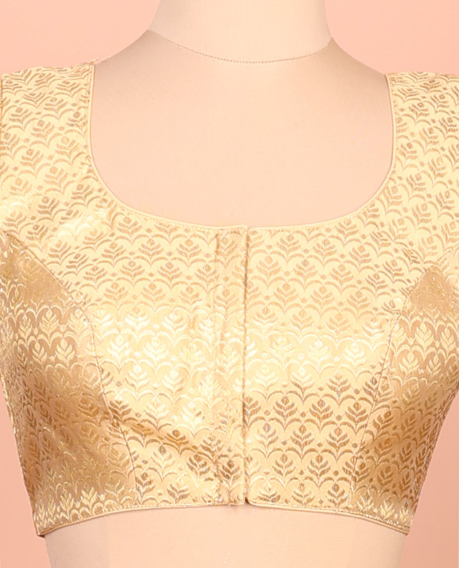 Gold intricate design front-back round neck elbow-sleeve readymade blouse