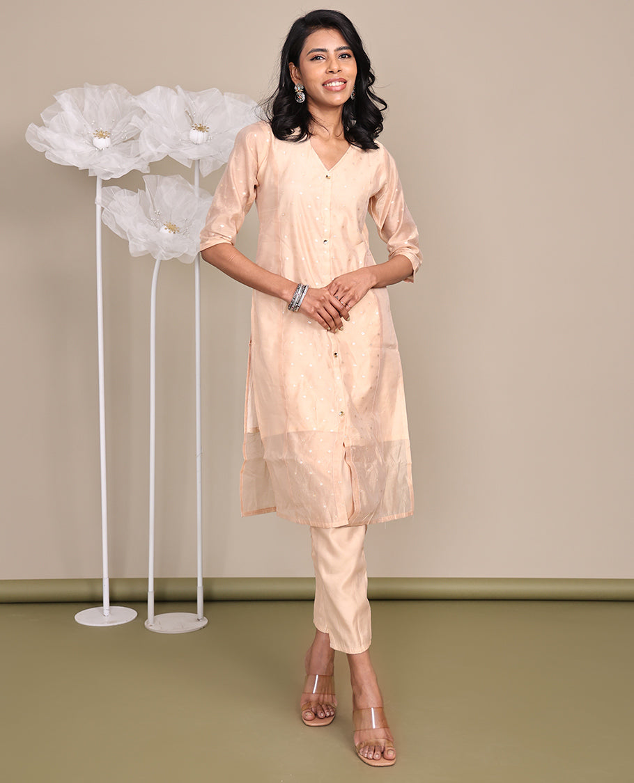 Light Peach Tissue Ready-Made Suit, Featuring Buttas Foil Print, a V-Neckline, 3/4 Sleeves, and a Straight-Cut Top, Paired with Plain Straight-Cut Pants