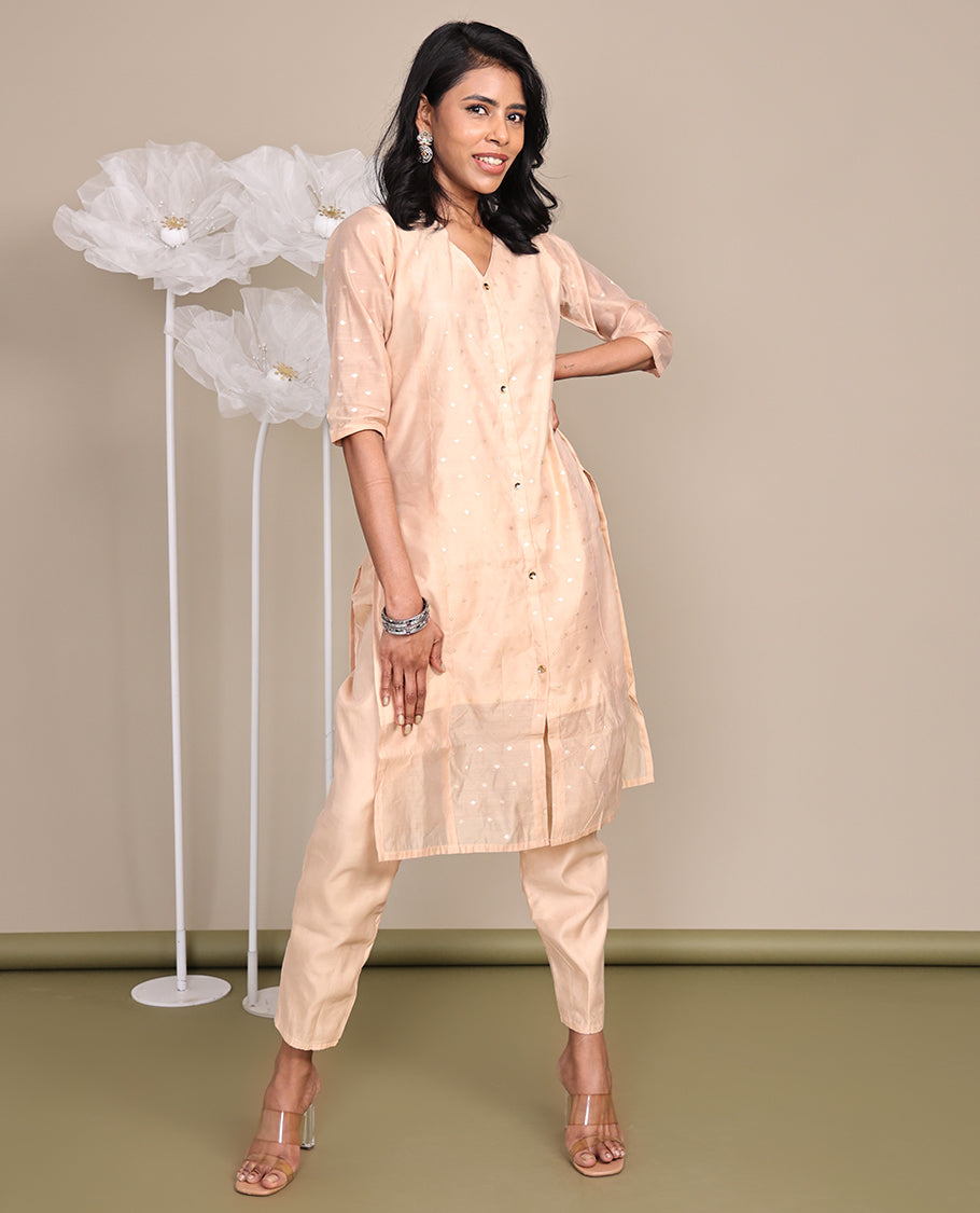 Light Peach Tissue Ready-Made Suit, Featuring Buttas Foil Print, a V-Neckline, 3/4 Sleeves, and a Straight-Cut Top, Paired with Plain Straight-Cut Pants