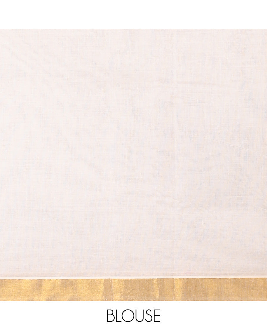 Cream kerala saree with zari stripes, zari border & pallu of floral designs