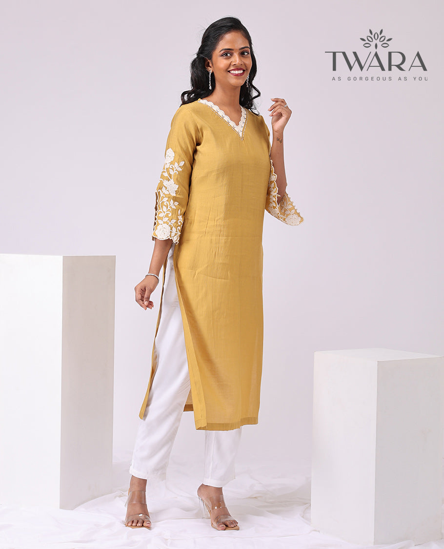 Twara Mustard florad thread embroidery v neck, knee length , 3/4 th sleeve kurti