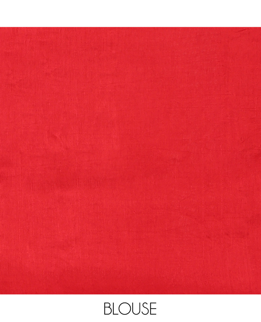 Red HO-Silk Saree, Elevated with Diamond Buttas All Over Its Body, Highlighted by Temple Border, Complemented by Pallu Depicting Floral and Crane Motifs, Paired with a Matching Blouse