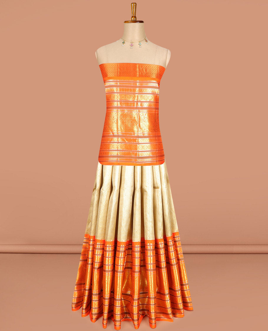 Light yellow striped silk half saree with contrast border of banaras, kathir, poo chakram, mayil design, zari design blouse & intricate zari design dhavani
