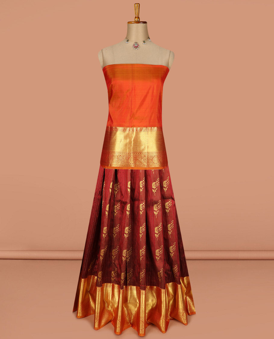 Maroon pure silk half saree, zari design skirt, contrast border and blouse of thilakam mokku, muthu, rudraksham, and manga design, and zari design dhavani