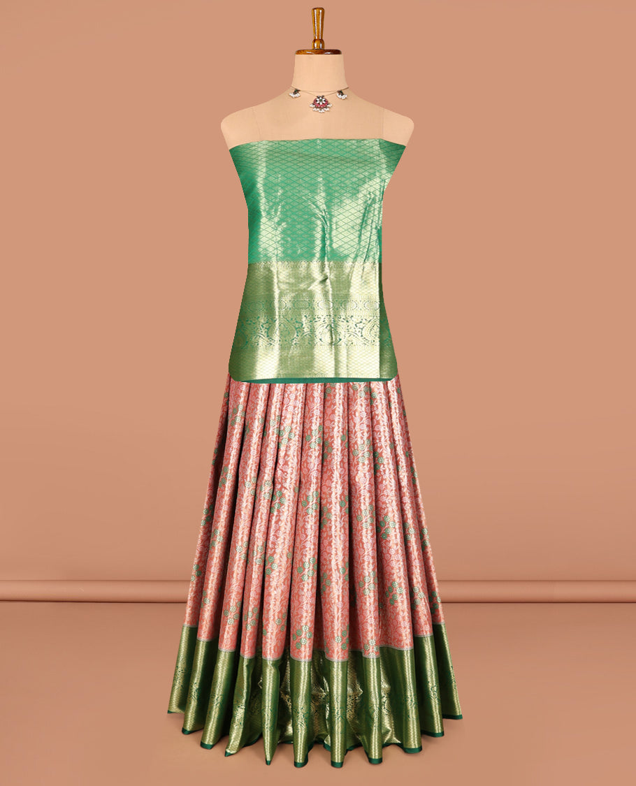Peach Art Silk Half-Saree, Majestically Detailed with Jacquard Design, Contrast Traditional Zari Border, Paired with a Contrast Jacquard Blouse, and an Intricate Dhavani