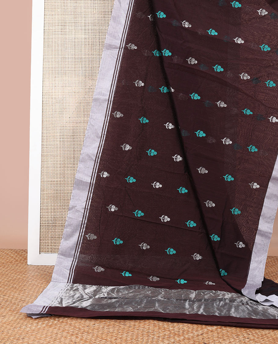 Brown floral motifs chanderi cotton saree with self zari design border & striped pallu