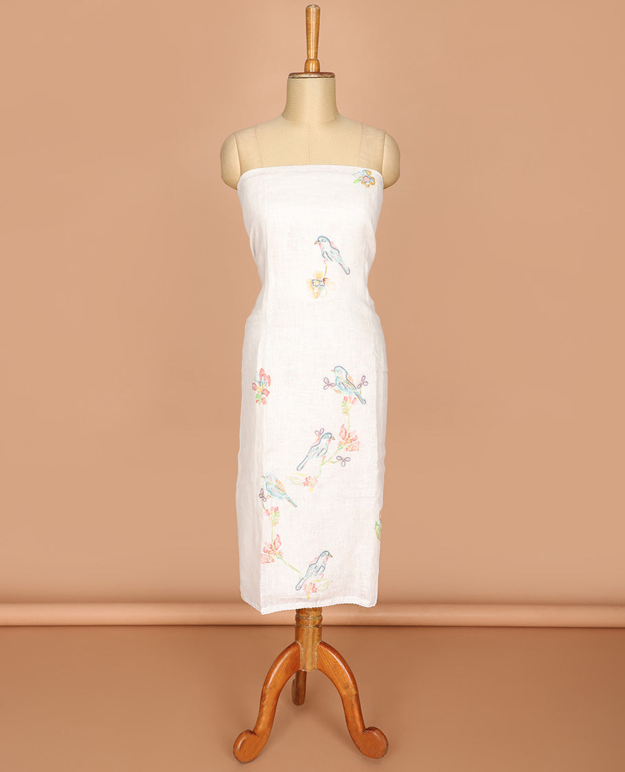 Cream sparrow print pure linen chudidhar material top with cotton pants & pure chiffon dupatta
