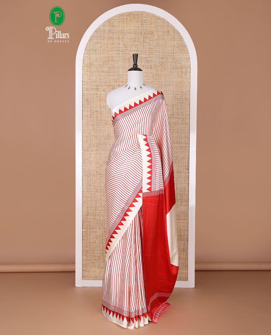 White with red vertical lining printed design semi modal crepe saree with temple border & circle butta pallu along with printed blouse