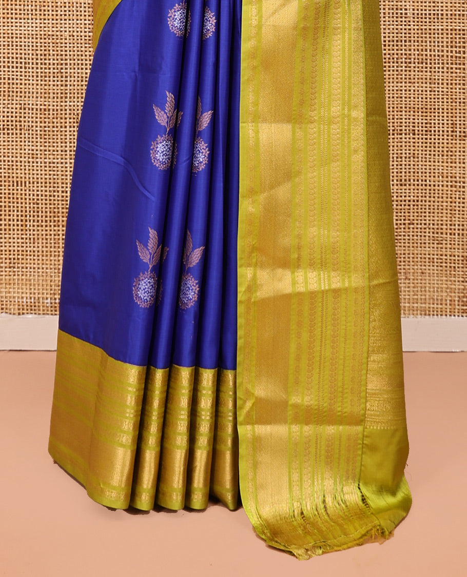 M.s Blue-Green Budget Silk Saree, Accentuated with Floral Zari Buttas, a Contrast Traditional Zari Border, Grand Pallu, and a Contrast Blouse