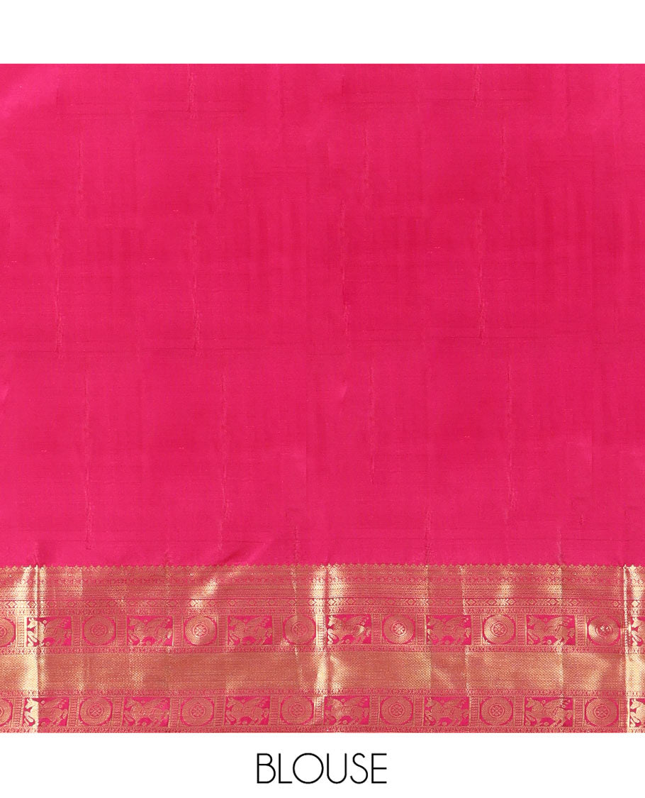 Pink Vasundhara Silk Saree Gracefully Embellished with Zari Butta Enclosed Checks, Complemented with a Zari Border of Kuthirai and Chakram Designs, Pallu of Intricate Zari-Weave, and Paired with a Matching Blouse