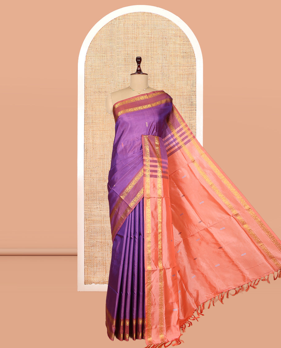 Purple Banana Pith Saree, Woven with Buttas, a Contrast Rettai Pettu Floral Design Border, Pallu of Buttas, and a Contrast Blouse