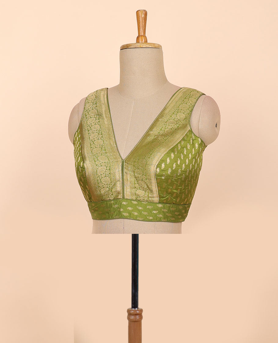 Green floral zari design front & back deep v-neck raw-silk readymade sleeveless blouse