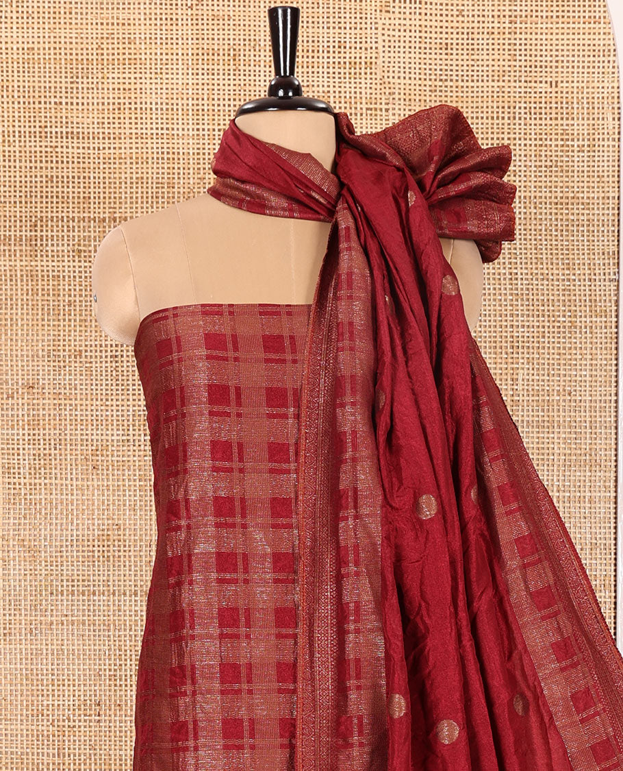 Red Material Chudidar Set Adorned with Copper Zari Checks Semi-Modal Silk Top, Subtly Made Plain Santoon Bottom, and a Semi-Modal Dupatta Featuring Polka Dots in Zari