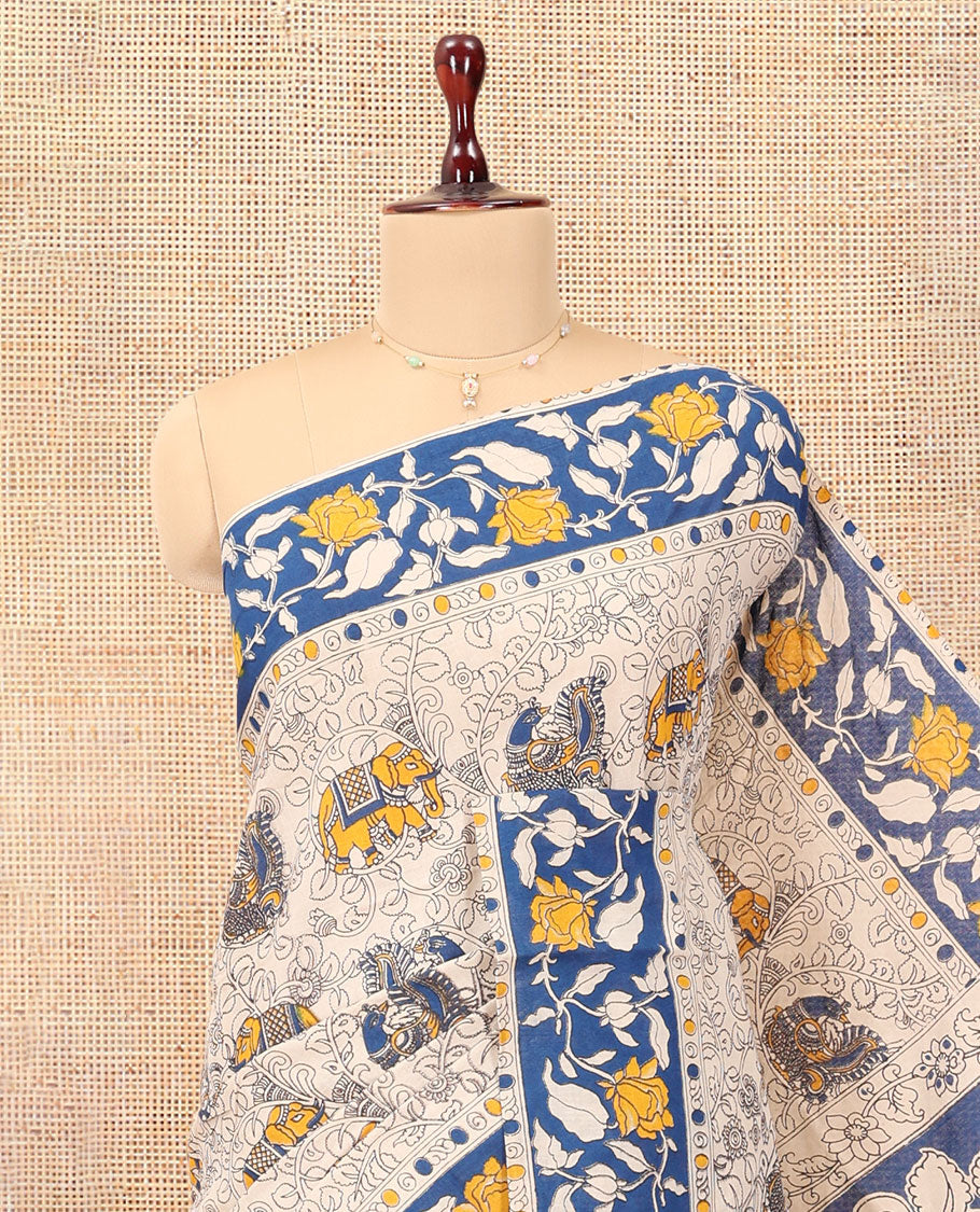 Blue-Grey Kalamkari Cotton Saree, Embellished with Intricate Print, Complemented By Printed Border, Kalamkari Peacock Pallu, and a Matching Blouse